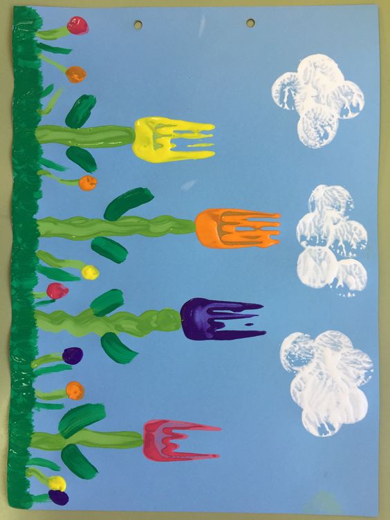 Fork Print Tulips on Blue Paper